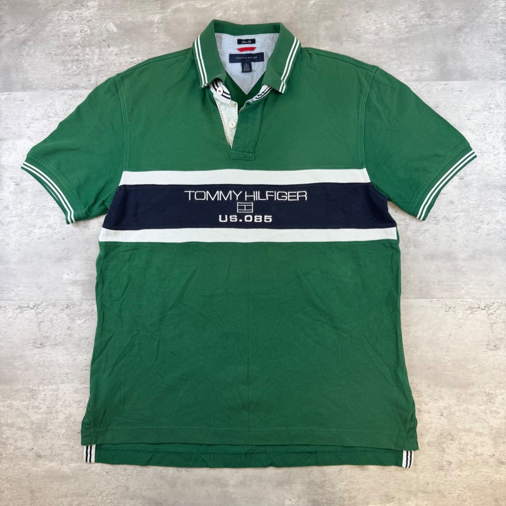 Tommy Hilfiger Mens XL Slim Fit Polo Shirt Green‎ US.085 Graphic Stripe Pique